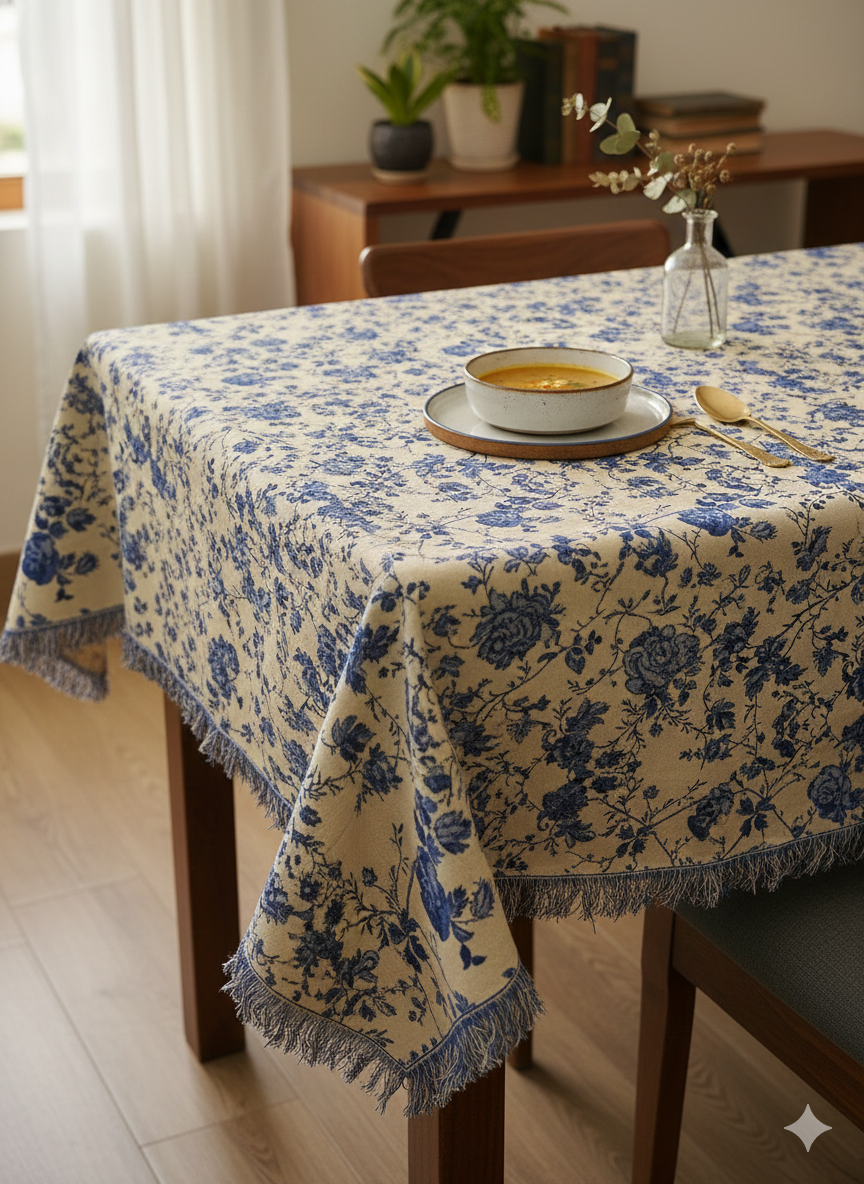 Dining table with floral-patterned tablecloth, bowl, and cutlery.