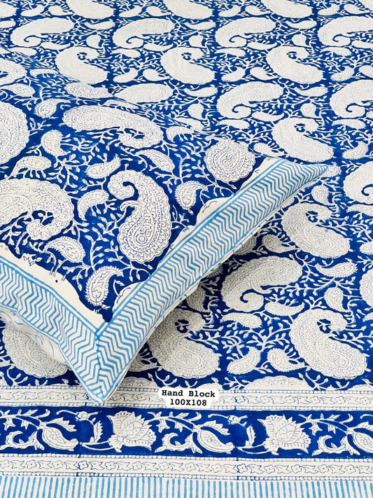 Varsaca Paisley hand block print pure cotton king size bedsheet on white base