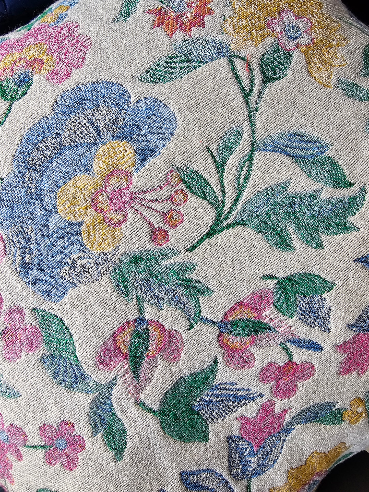 Close-up of floral embroidery on fabric with a neutral background