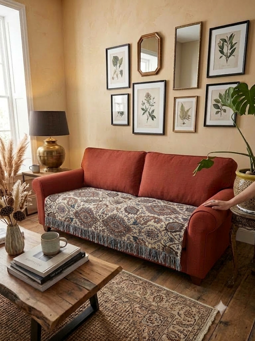Vasaca brown and blue paisley jacquard cotton sofa cover styled on a terracotta 3-seater sofa in a bohemian living room.