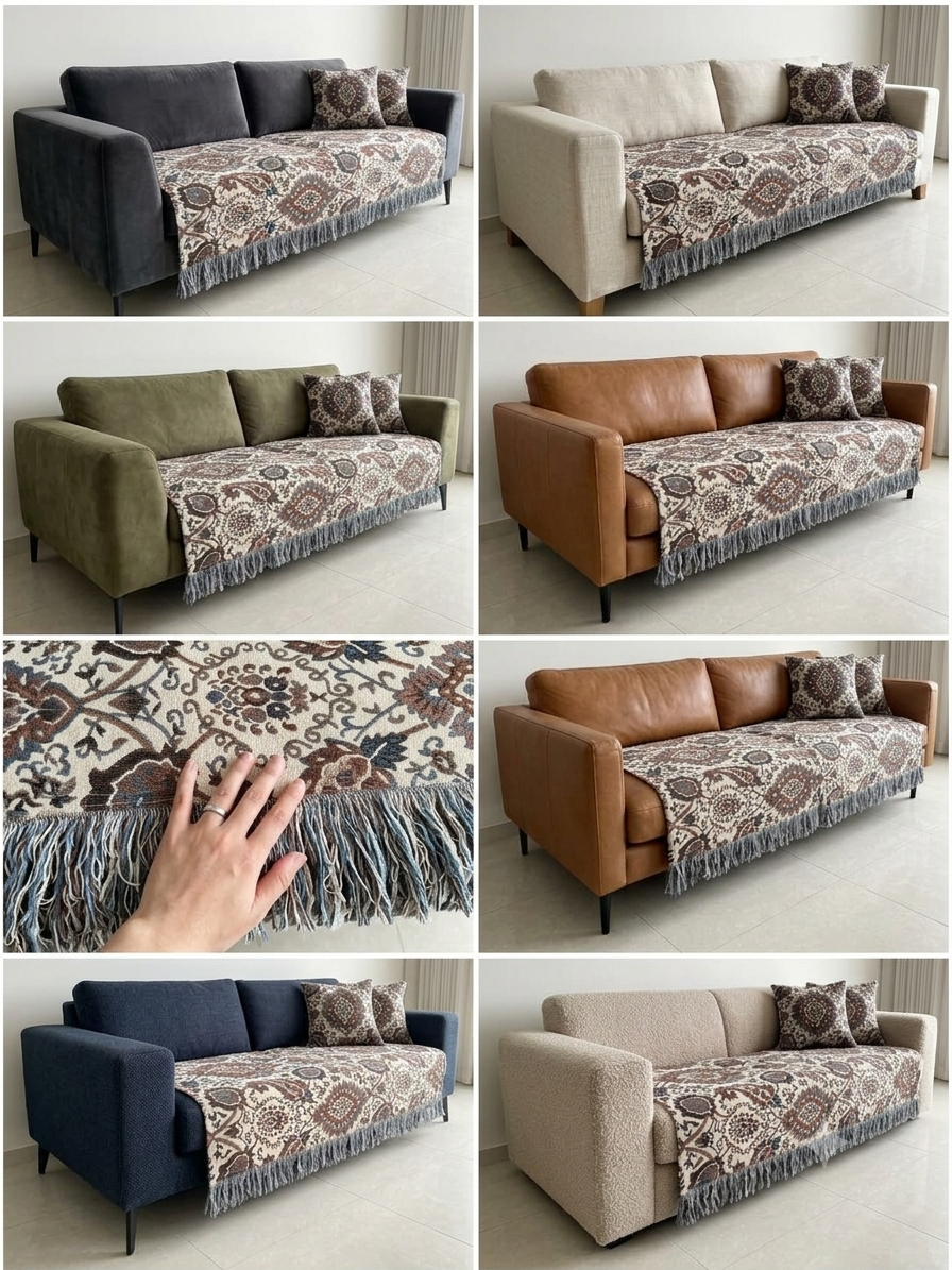 Vintage Paisley Floral Jacquard Cotton Sofa Cover | Earthy Brown & Steel Blue Throw with Fringe Trim