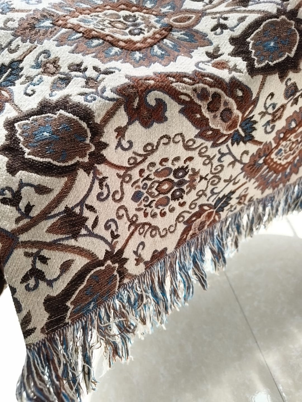 Vintage Paisley Floral Jacquard Cotton Sofa Cover | Earthy Brown & Steel Blue Throw with Fringe Trim
