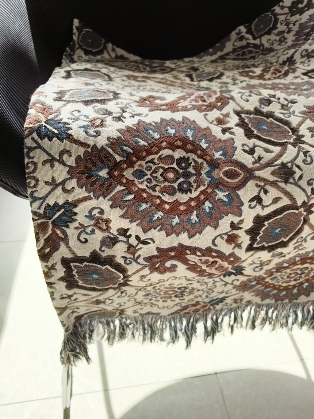 Vintage Paisley Floral Jacquard Cotton Sofa Cover | Earthy Brown & Steel Blue Throw with Fringe Trim