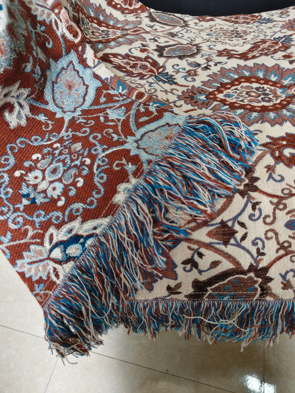 Vintage Paisley Floral Jacquard Cotton Sofa Cover | Earthy Brown & Steel Blue Throw with Fringe Trim