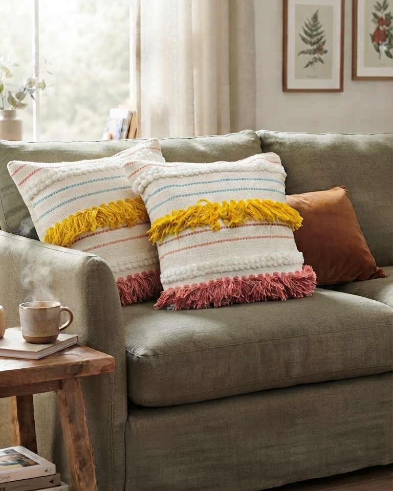 Vasaca Boho Multi-Color Striped Cotton Throw Pillow Cover | Tufted Fringe Cushion