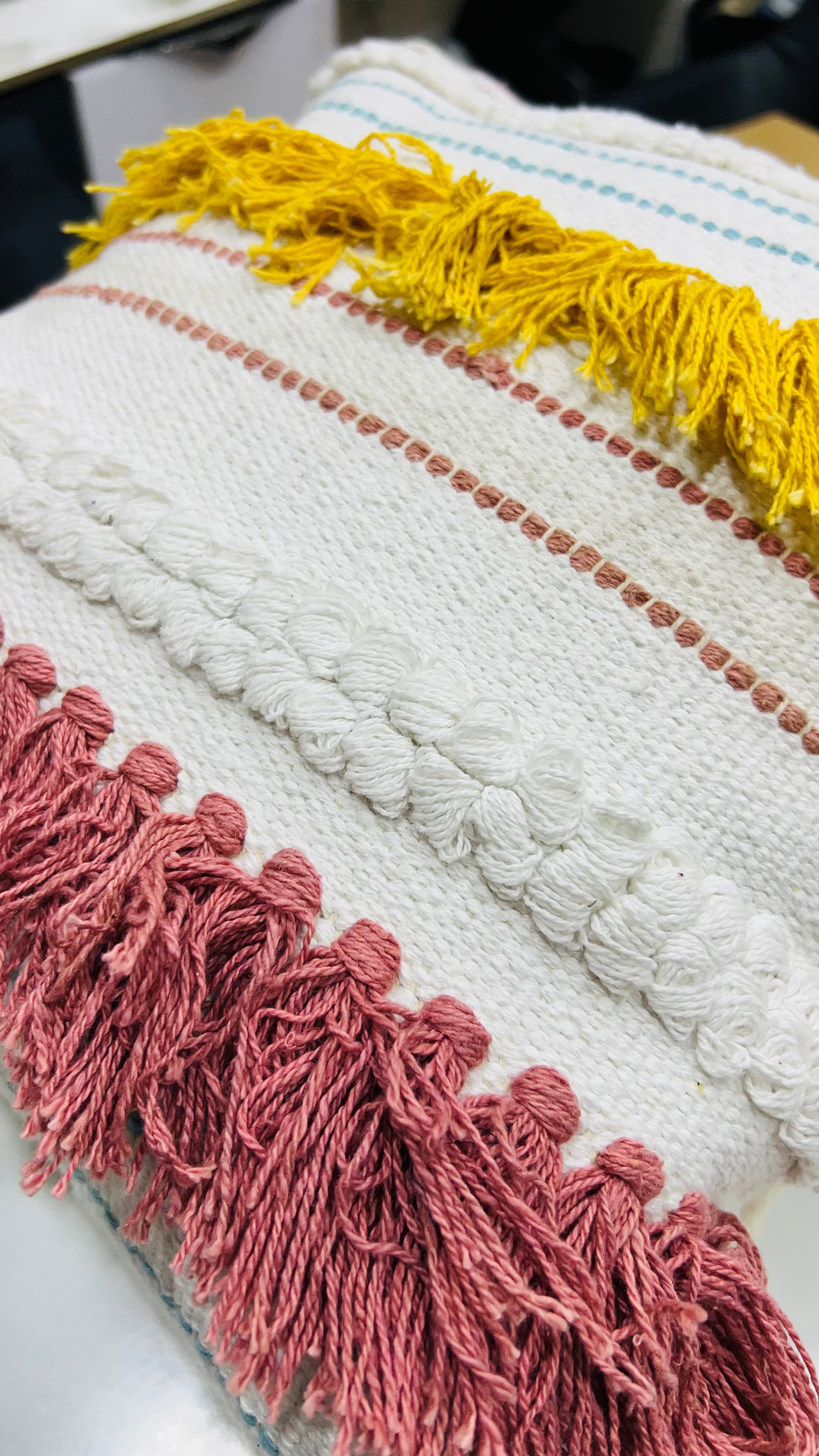 Vasaca Boho Multi-Color Striped Cotton Throw Pillow Cover | Tufted Fringe Cushion