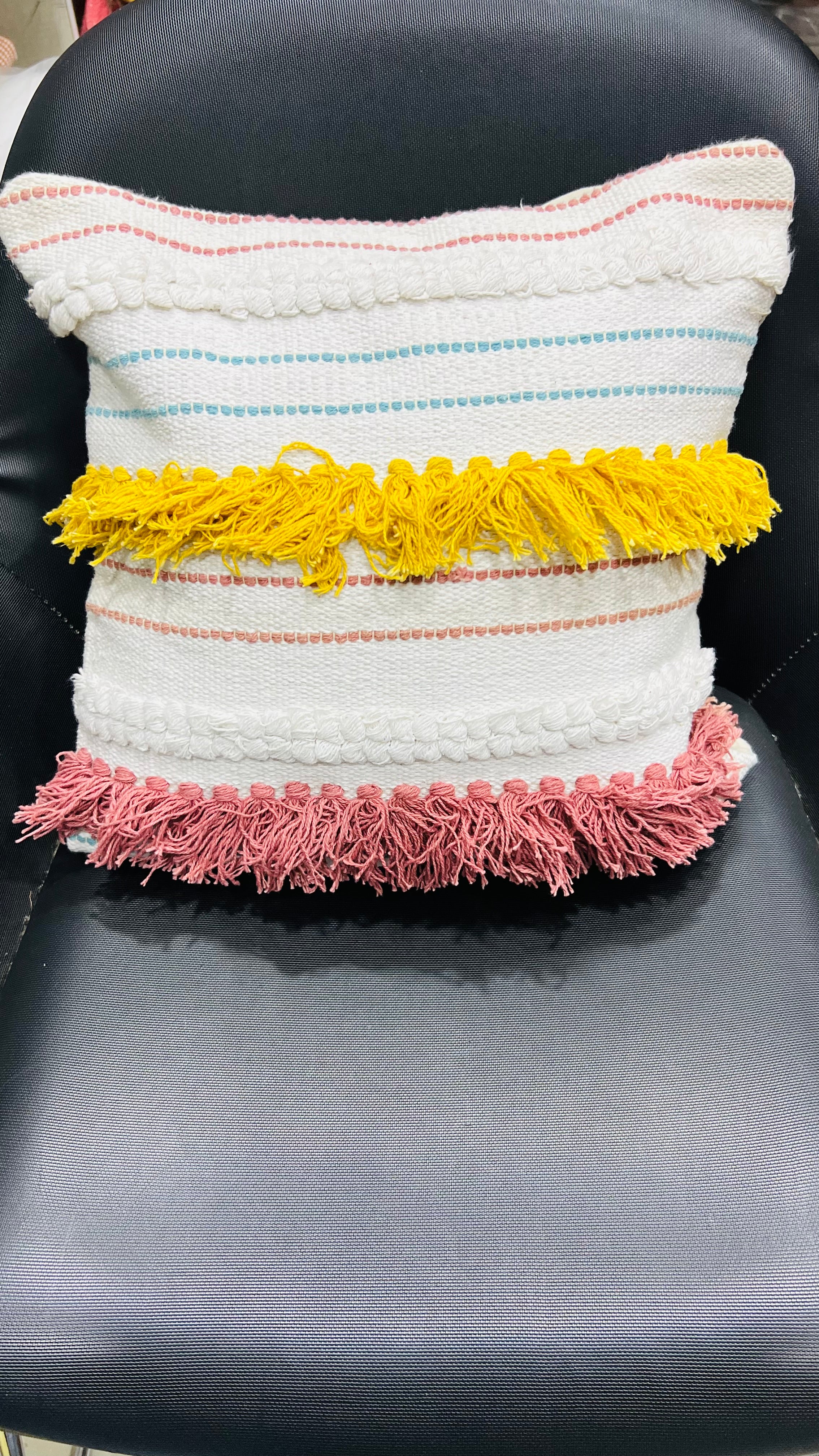 Vasaca Boho Multi-Color Striped Cotton Throw Pillow Cover | Tufted Fringe Cushion