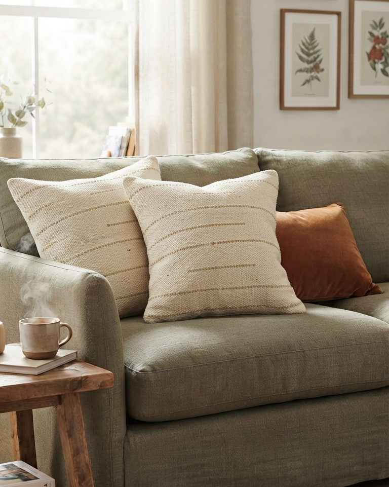 Boho Off-White Dotted Line Cotton Throw Pillow Cover | Minimalist Textured Cushion