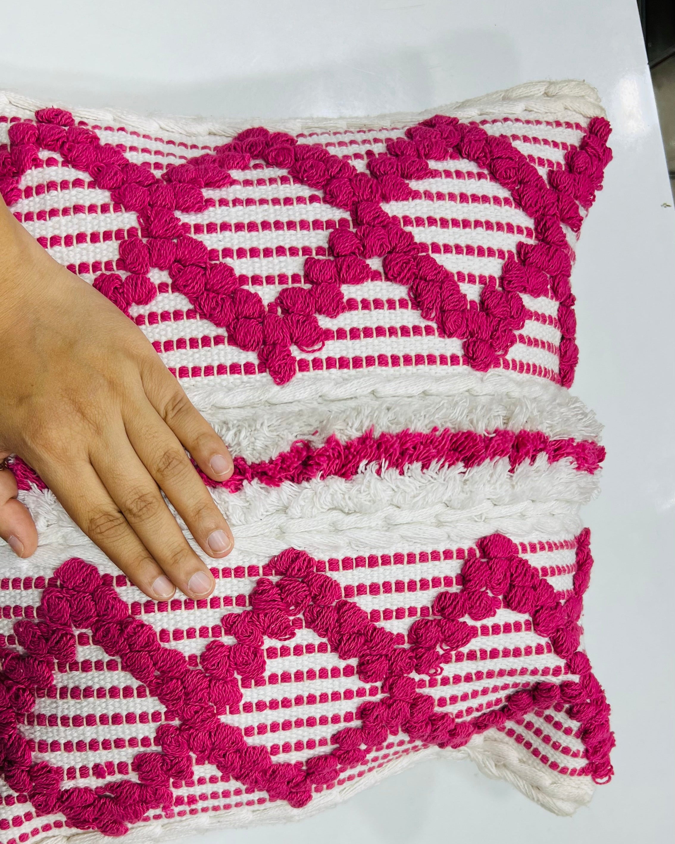 Vasaca Boho Pink Tufted Cotton Throw Pillow Cover | Handcrafted Geometric Cushion