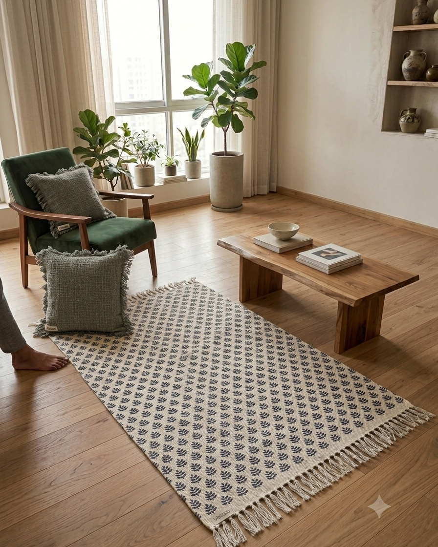 Vasaca off-white handwoven cotton runner with black botanical leaf motif pattern held up for display.