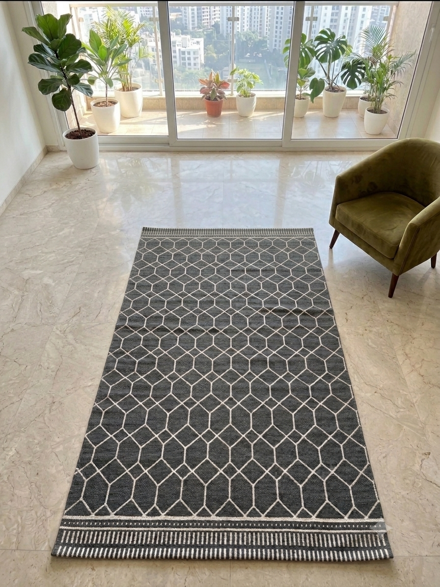Vasaca charcoal dark grey handwoven cotton flatweave runner rug with off-white geometric lattice pattern, striped end-borders, and tassels.