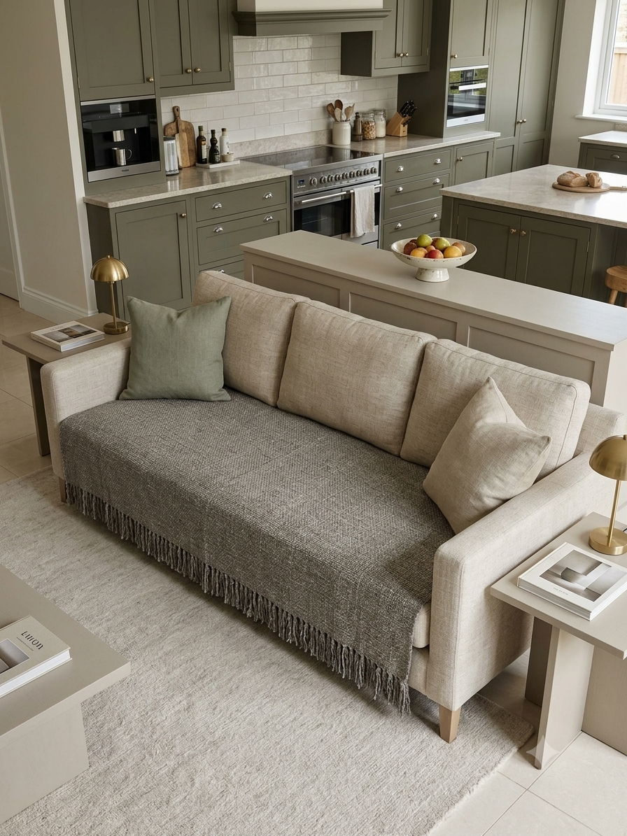 Vasaca dark grey thick handwoven cotton seat-only sofa runner with slubbed texture and fringed edge, fitted onto the seating cushions of a three-seater sofa.