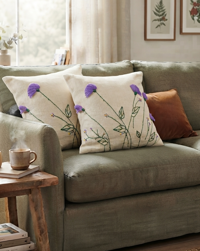 Jute-Cotton Handcrafted Floral Embroidered Throw Pillow Cover | Purple Botanical Cushion