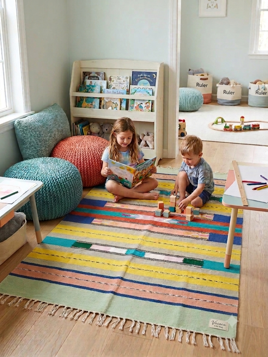 Vasaca 100% handloom pure cotton 4x6 area rug featuring a vibrant multi-color Aztec geometric pattern with fringed tassels.