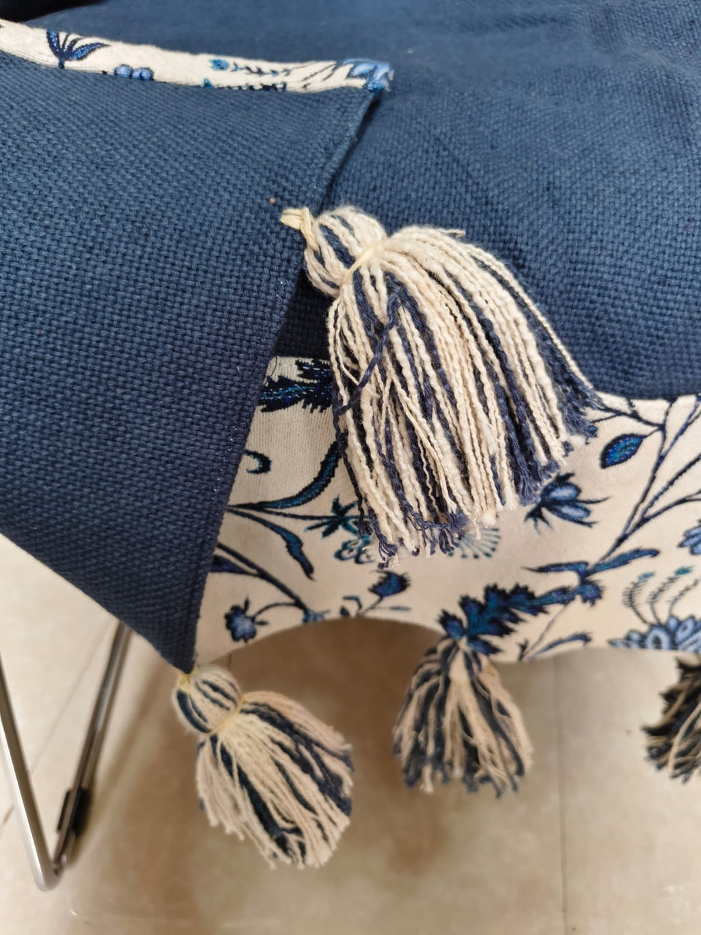 Navy Blue Jute Cotton Sofa Cover | Blue Floral Embroidered Seat Runner with Tassel Fringe