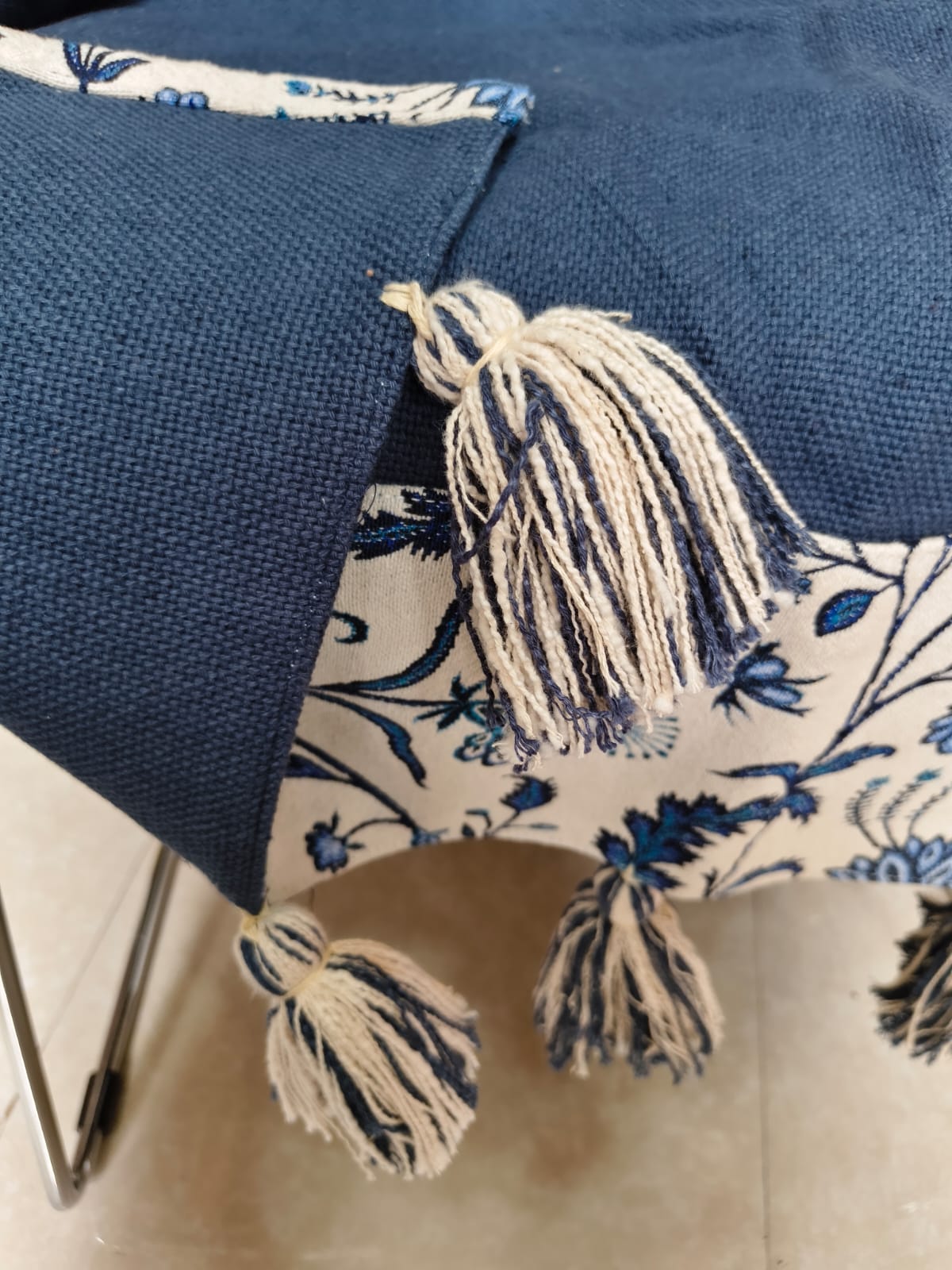 Navy Blue Jute Cotton Sofa Cover | Blue Floral Embroidered Seat Runner with Tassel Fringe