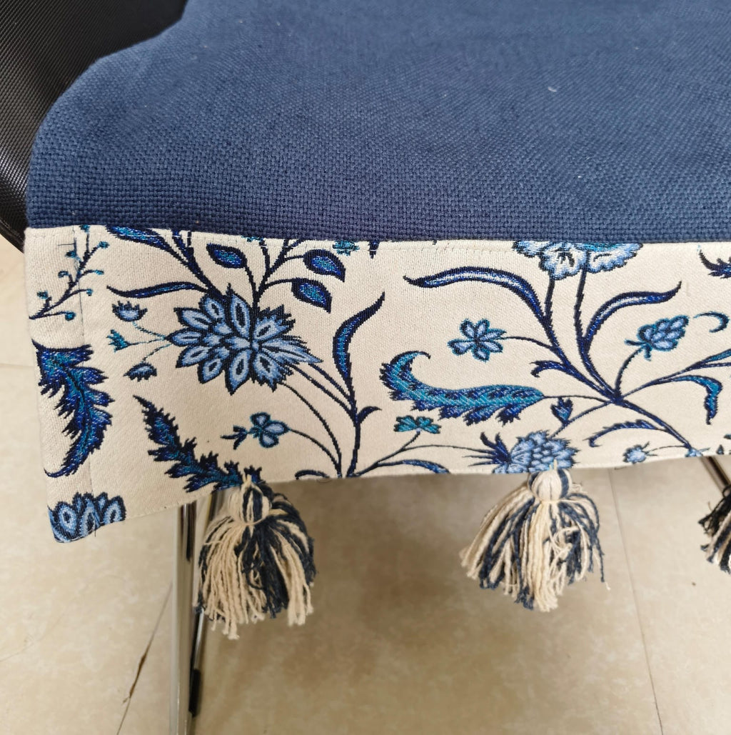 Navy Blue Jute Cotton Sofa Cover | Blue Floral Embroidered Seat Runner with Tassel Fringe