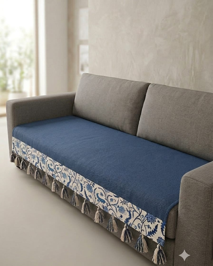 Navy Blue Jute Cotton Sofa Cover | Blue Floral Embroidered Seat Runner with Tassel Fringe