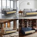 Vasaca navy blue jute-cotton seat-only sofa runner with mustard yellow geometric patchwork border and charcoal fringe, tailored to cover only the seat cushions on a three-seater sofa.