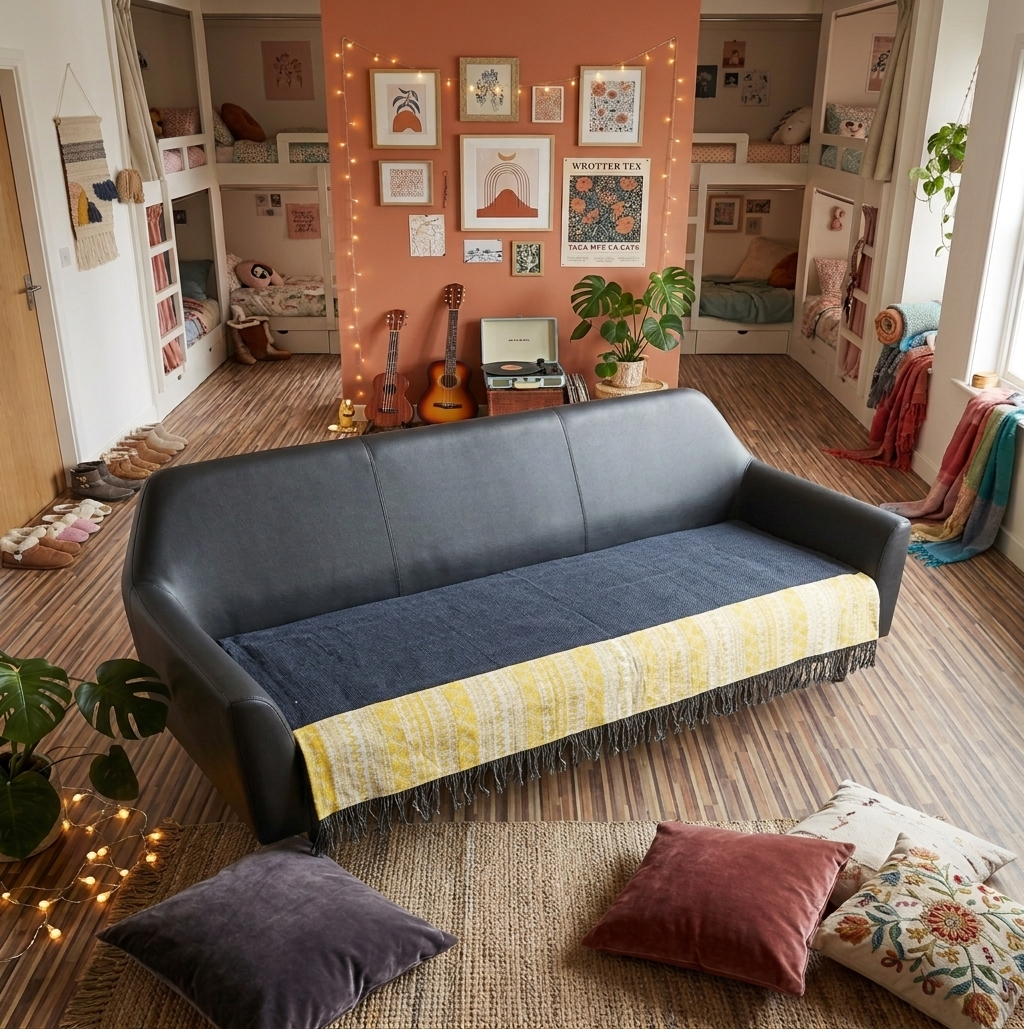 Navy Blue Jute Cotton Sofa Cover | Yellow Abstract Patchwork Seat Cover with Fringe Trim