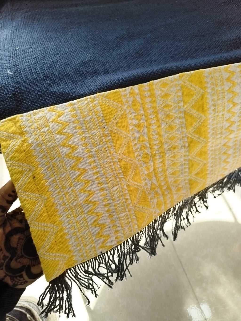 Navy Blue Jute Cotton Sofa Cover | Yellow Abstract Patchwork Seat Cover with Fringe Trim