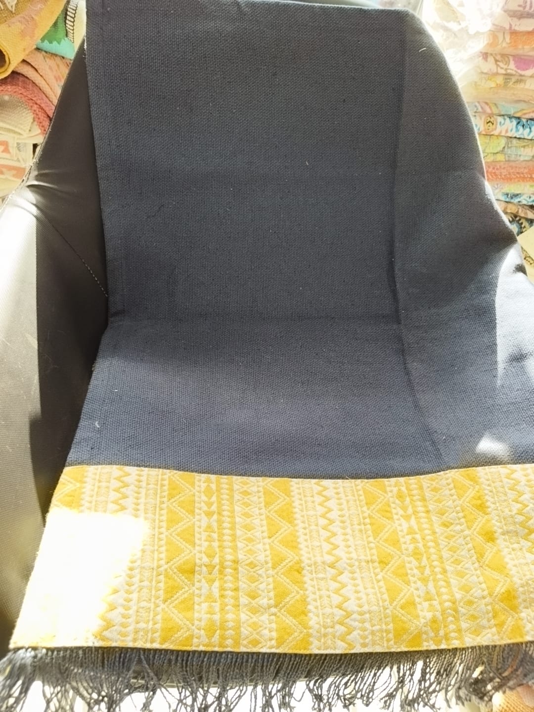 Navy Blue Jute Cotton Sofa Cover | Yellow Abstract Patchwork Seat Cover with Fringe Trim