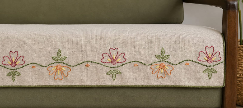 Vasaca oatmeal jute-cotton seat-only sofa runner with a hand-embroidered wildflower vine border in terracotta, pink, and green, tailored for a three-seater sofa.