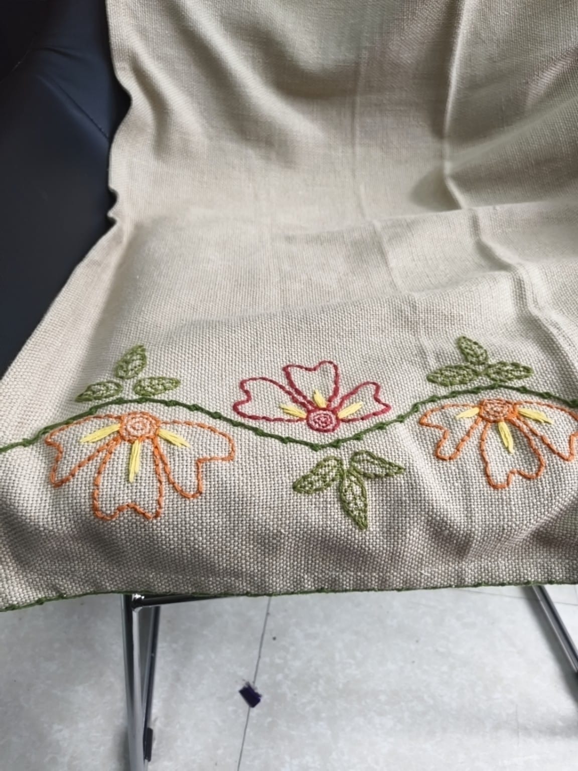 Oatmeal Jute-Cotton Floral Hand-Embroidered Sofa Cover | Artisan Seat Runner