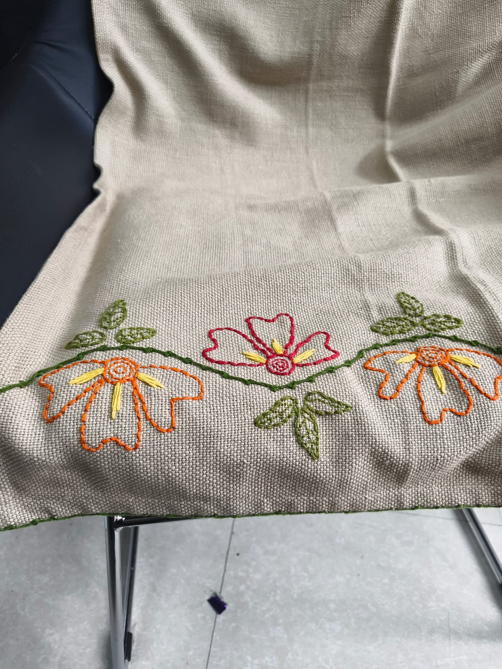 Oatmeal Jute-Cotton Floral Hand-Embroidered Sofa Cover | Artisan Seat Runner