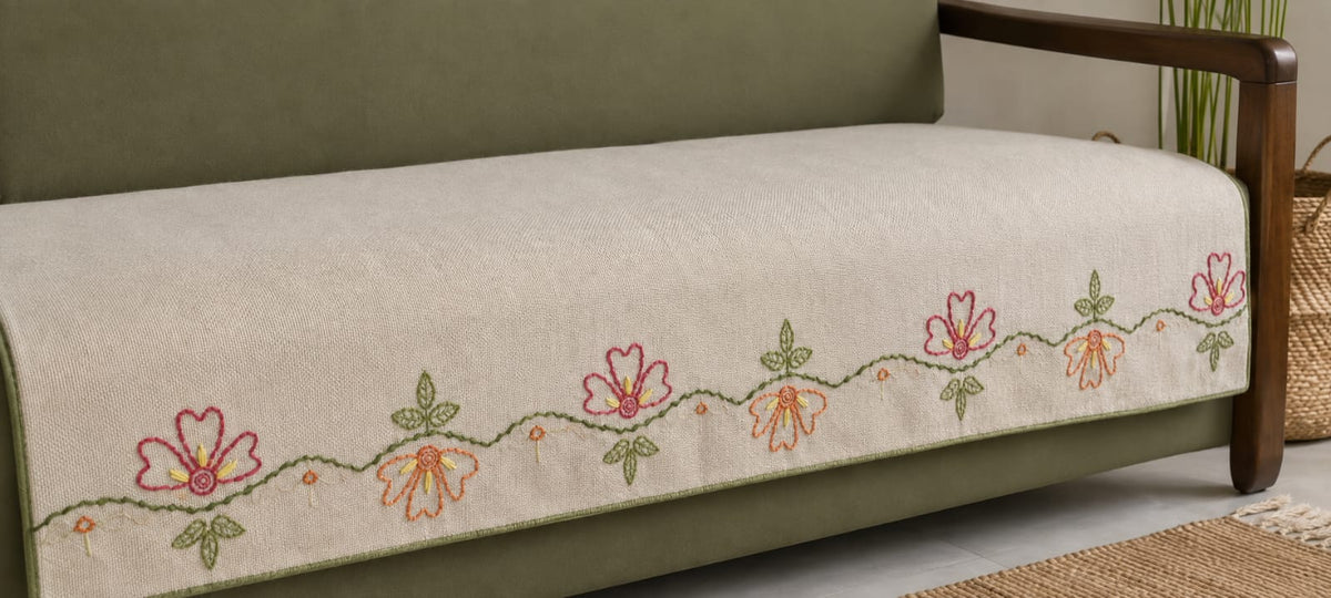 Oatmeal Jute-Cotton Floral Hand-Embroidered Sofa Cover | Artisan Seat Runner