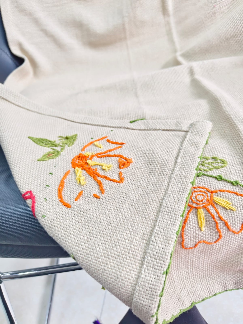 Oatmeal Jute-Cotton Floral Hand-Embroidered Sofa Cover | Artisan Seat Runner