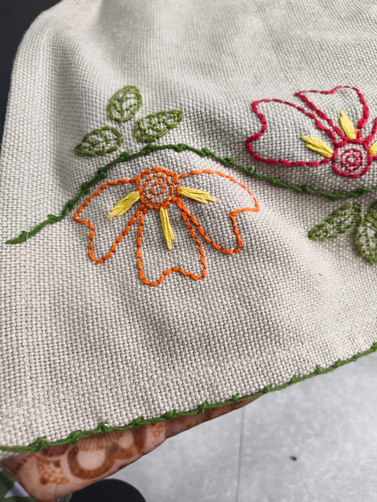 Oatmeal Jute-Cotton Floral Hand-Embroidered Sofa Cover | Artisan Seat Runner