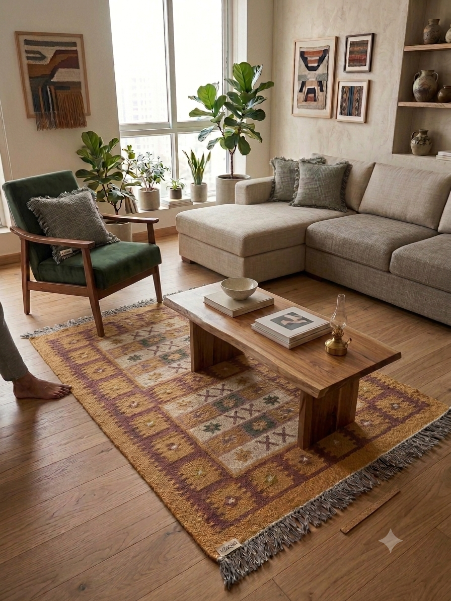 Vasaca handwoven woollen kilim area rug featuring tribal geometric star and cross patterns in ochre yellow and rust brown.