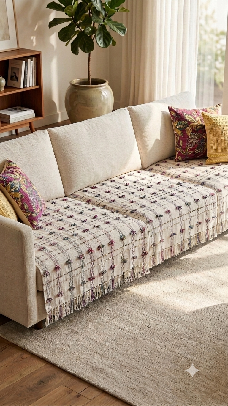 Vasaca off-white cotton seat-only sofa runner with multi-color mini tufted tassels, a grid pattern, and a fringed hem, tailored for a three-seater sofa.