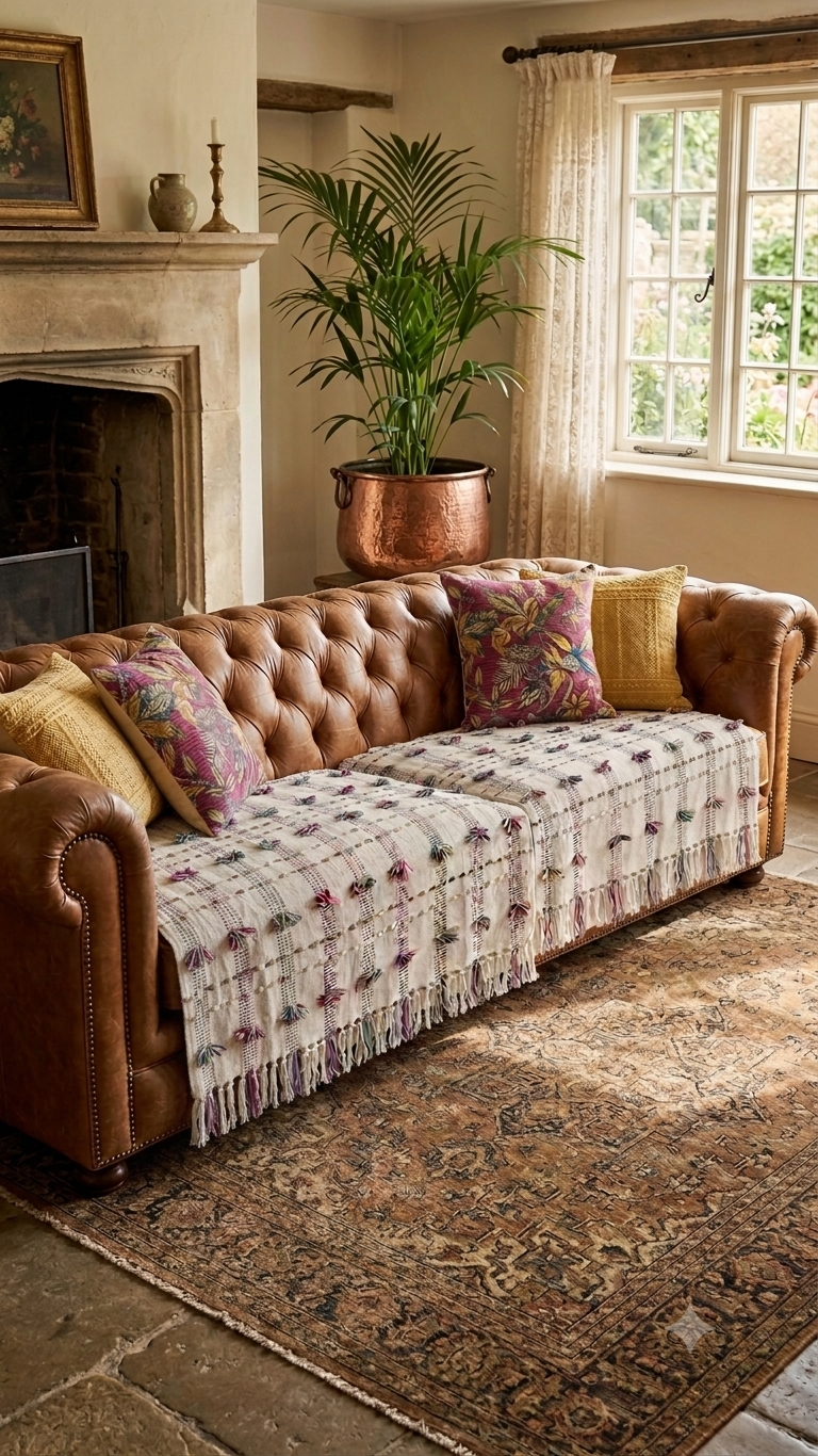 Vasaca off-white cotton seat-only sofa runner with multi-color mini tufted tassels, a grid pattern, and a fringed hem, tailored for a three-seater sofa.