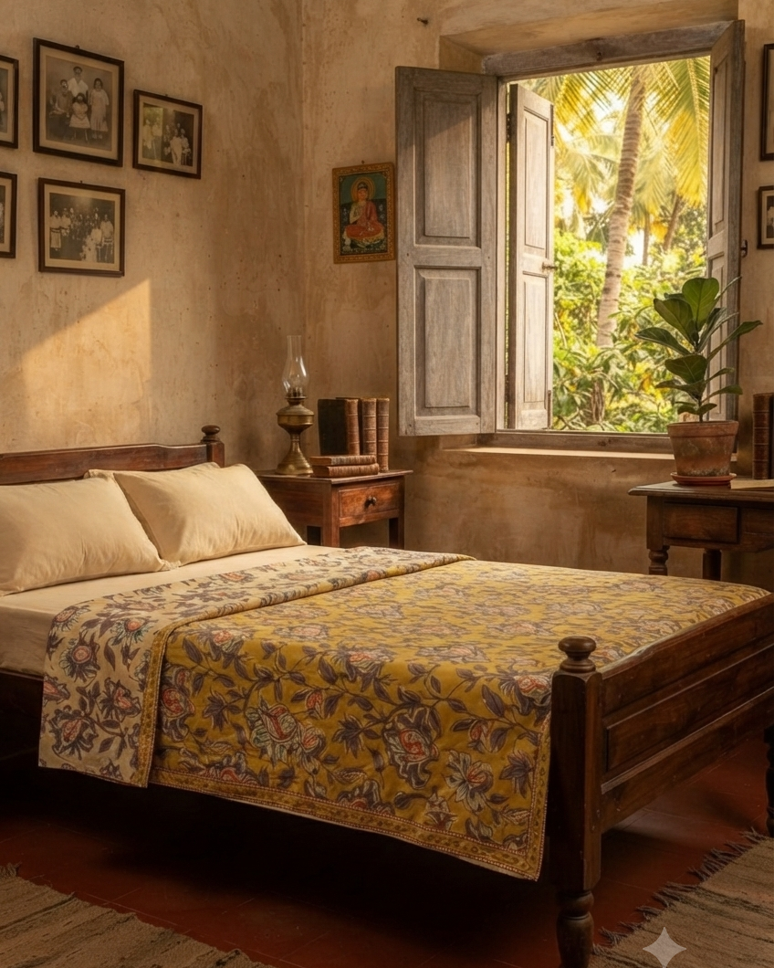 Close-up view of a Vasaca reversible handblock printed cotton single bed razai featuring a mustard yellow background with floral patterns and quilted texture.