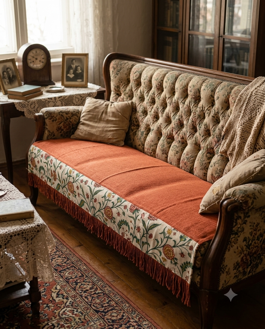 Red Jute Cotton Sofa Cover | Floral Embroidered Seat Runner with Fringe Trim
