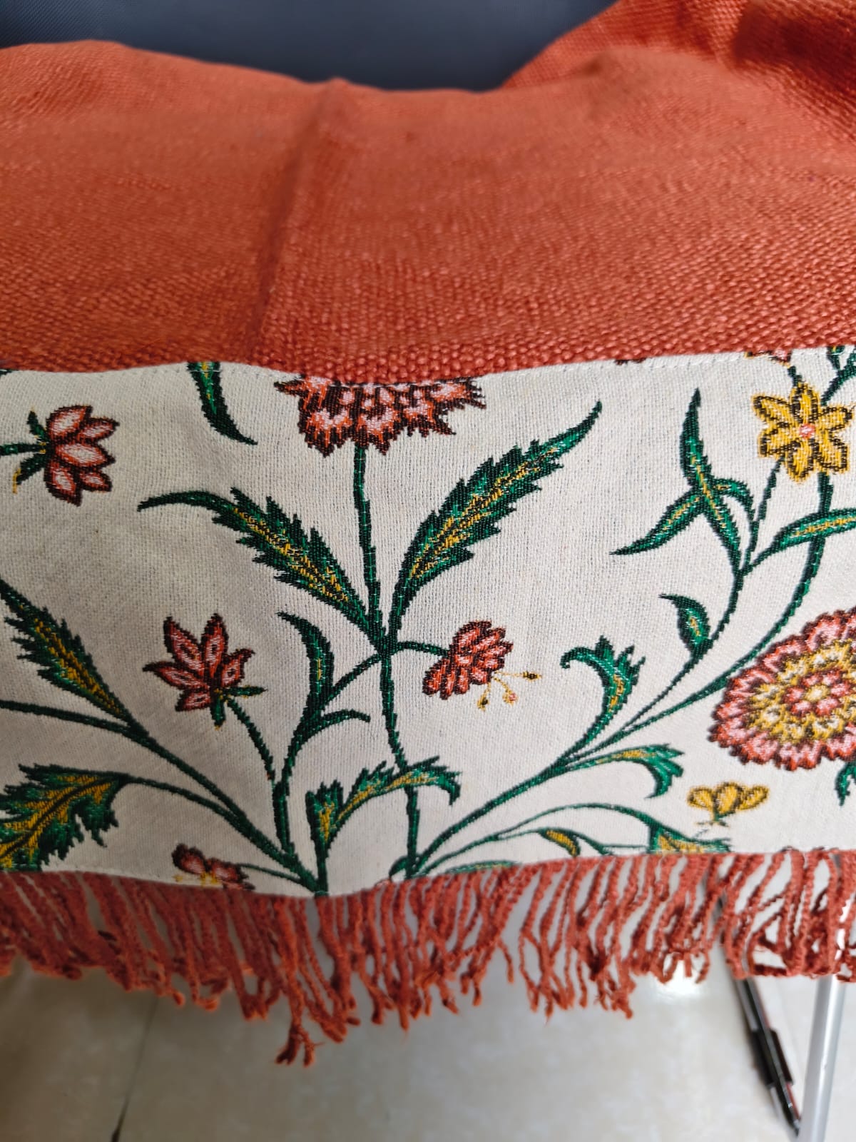 Red Jute Cotton Sofa Cover | Floral Embroidered Seat Runner with Fringe Trim