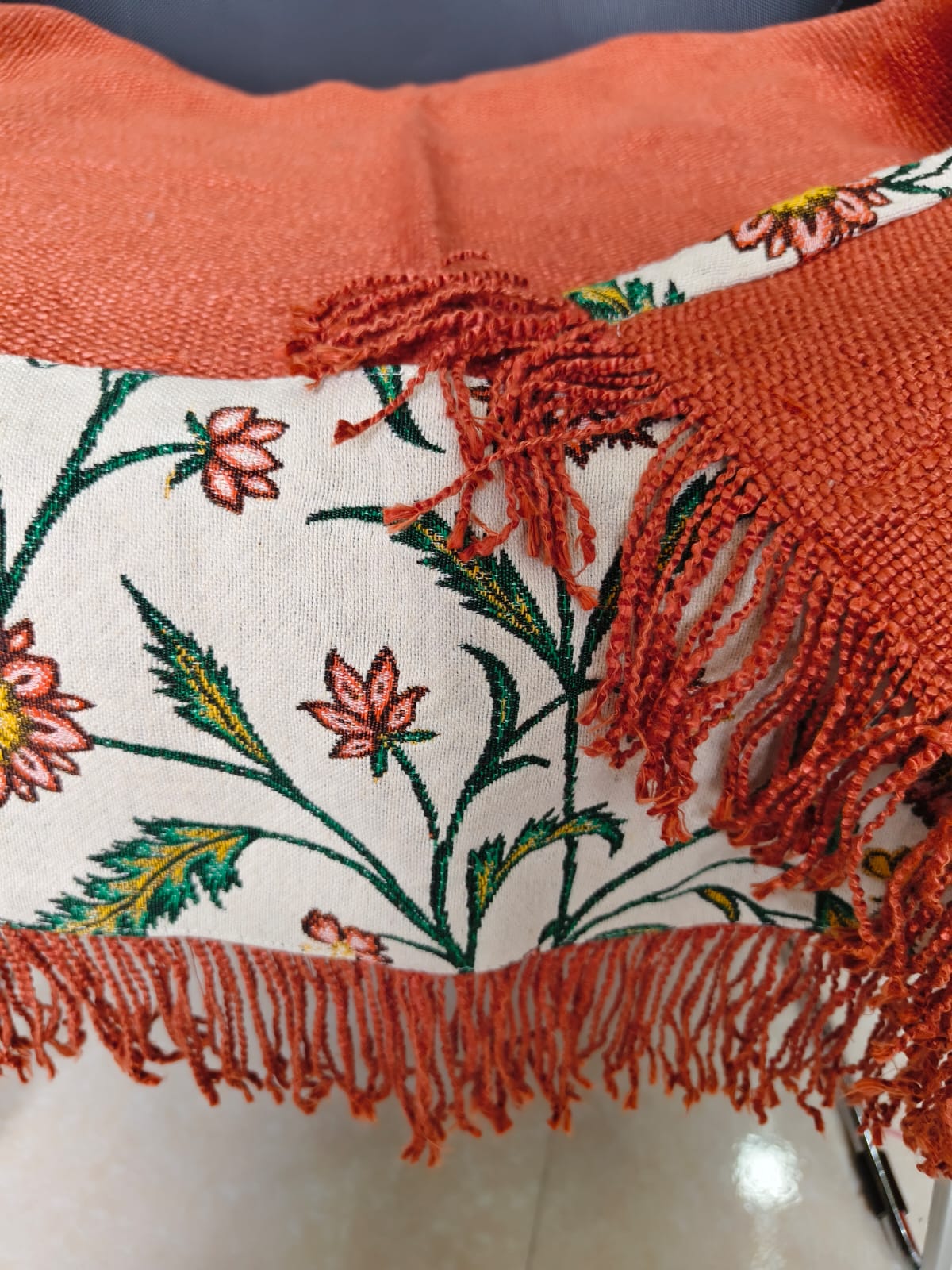 Red Jute Cotton Sofa Cover | Floral Embroidered Seat Runner with Fringe Trim