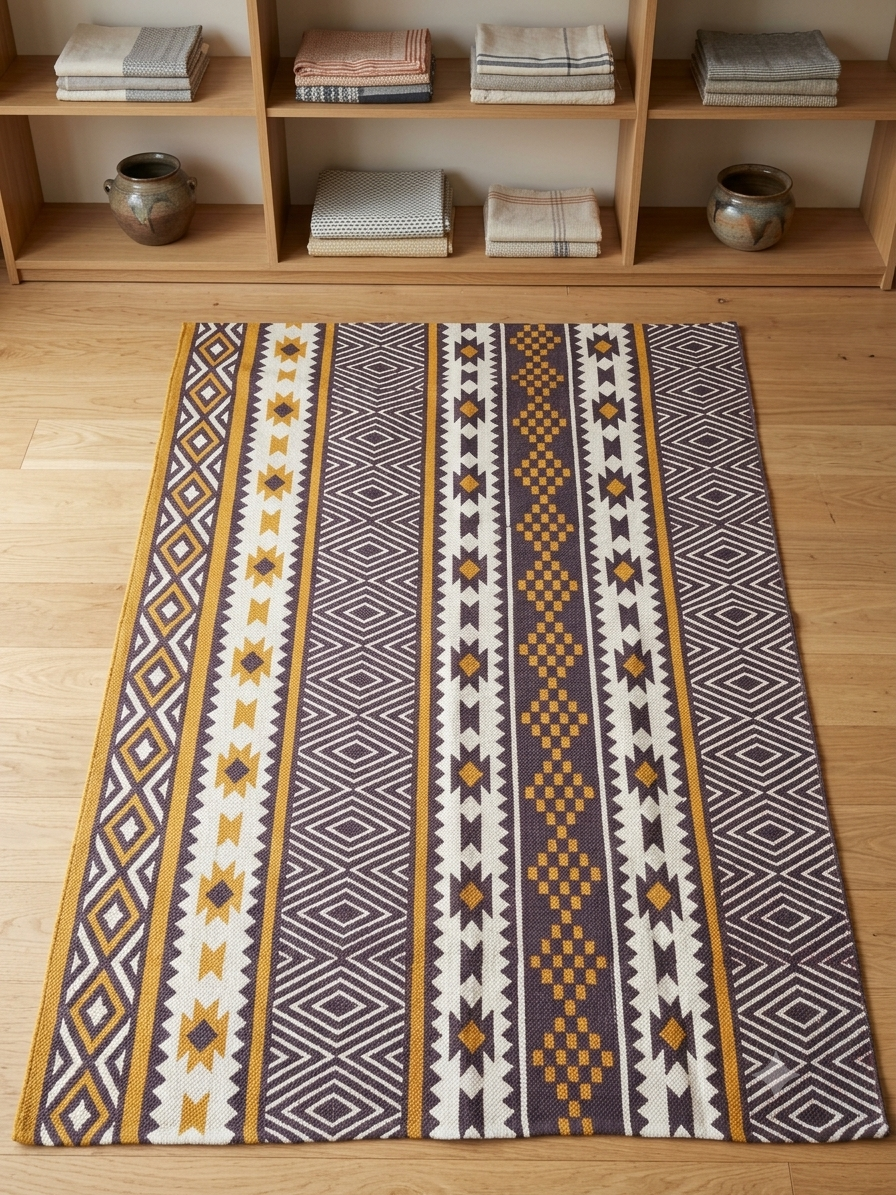 Vasaca rust brown and ochre yellow handwoven cotton jacquard runner rug with geometric tribal pattern, Aztec diamonds, and starburst panels.