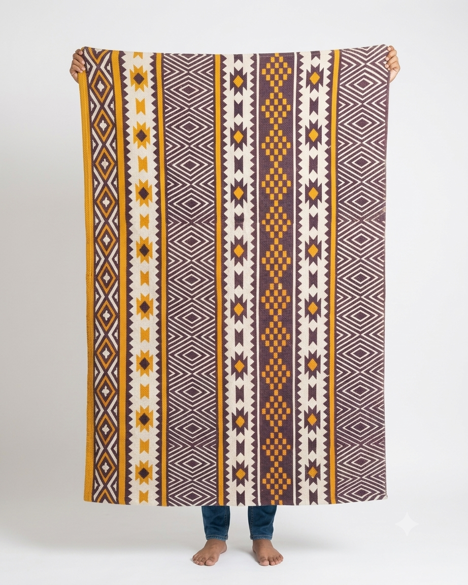 Vasaca rust brown and ochre yellow handwoven cotton jacquard runner rug with geometric tribal pattern, Aztec diamonds, and starburst panels.