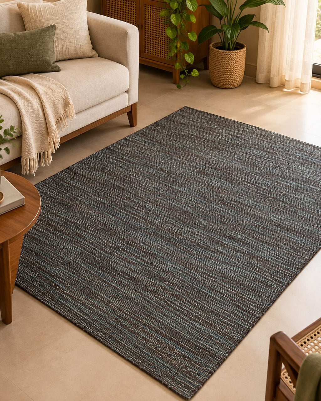 5.1x5 ft | Teal & Charcoal Heathered Handwoven Rug | Textured Flatweave Dhurrie Area Rug