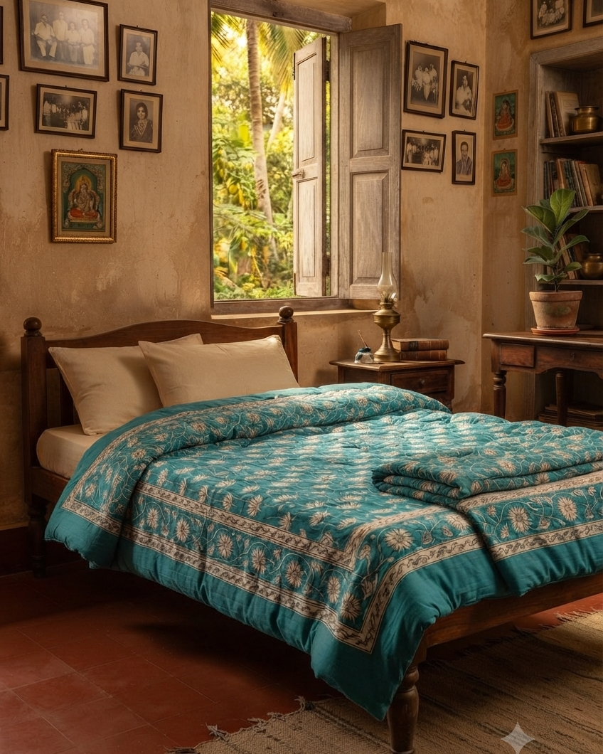 Close-up view of a Vasaca handblock printed cotton single bed razai featuring a vibrant turquoise blue background with white lotus floral patterns and bordered edges.