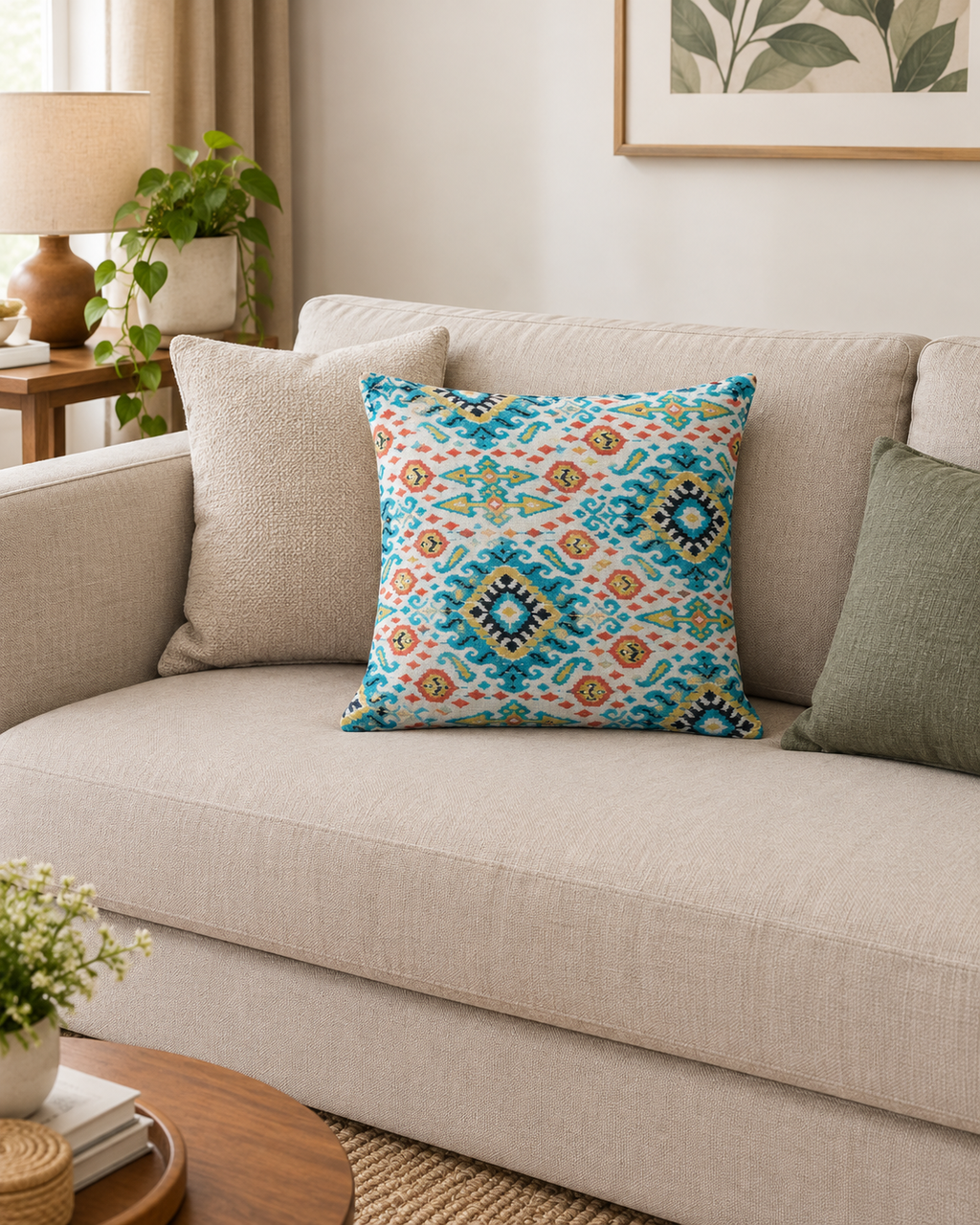 Hand Embroidered Ikat Cotton Cushion Cover | Turquoise Blue & Coral Medallion Pattern
