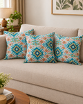 Hand Embroidered Ikat Cotton Cushion Cover | Turquoise Blue & Coral Medallion Pattern