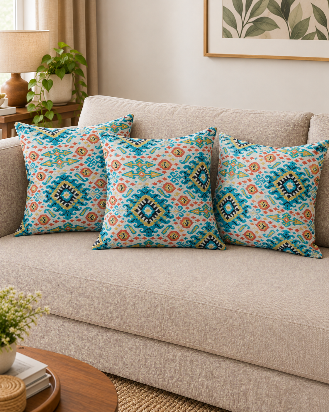 Hand Embroidered Ikat Cotton Cushion Cover | Turquoise Blue & Coral Medallion Pattern