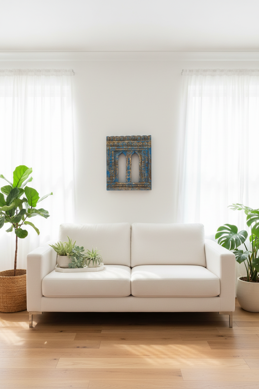 White sofa in a room with plants and a decorative wall piece.
