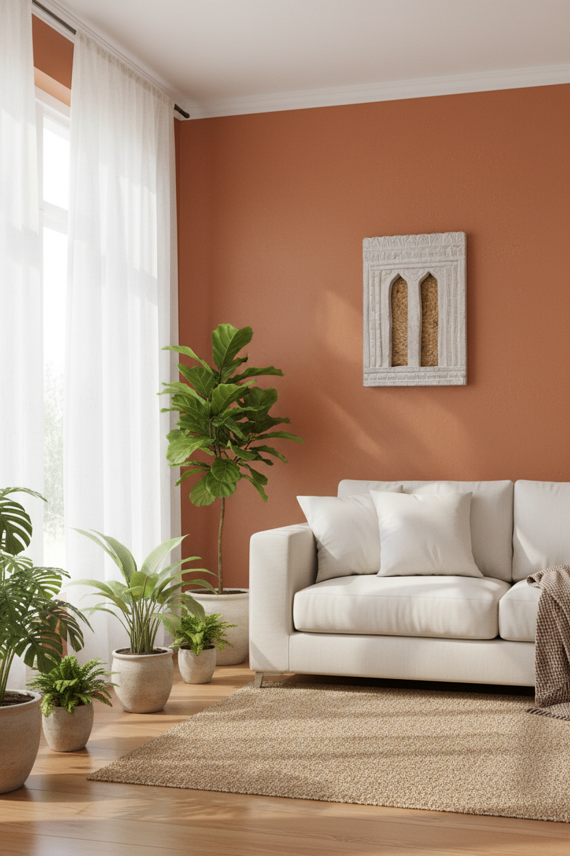 Living room with a white sofa, potted plants, and a decorative wall piece.