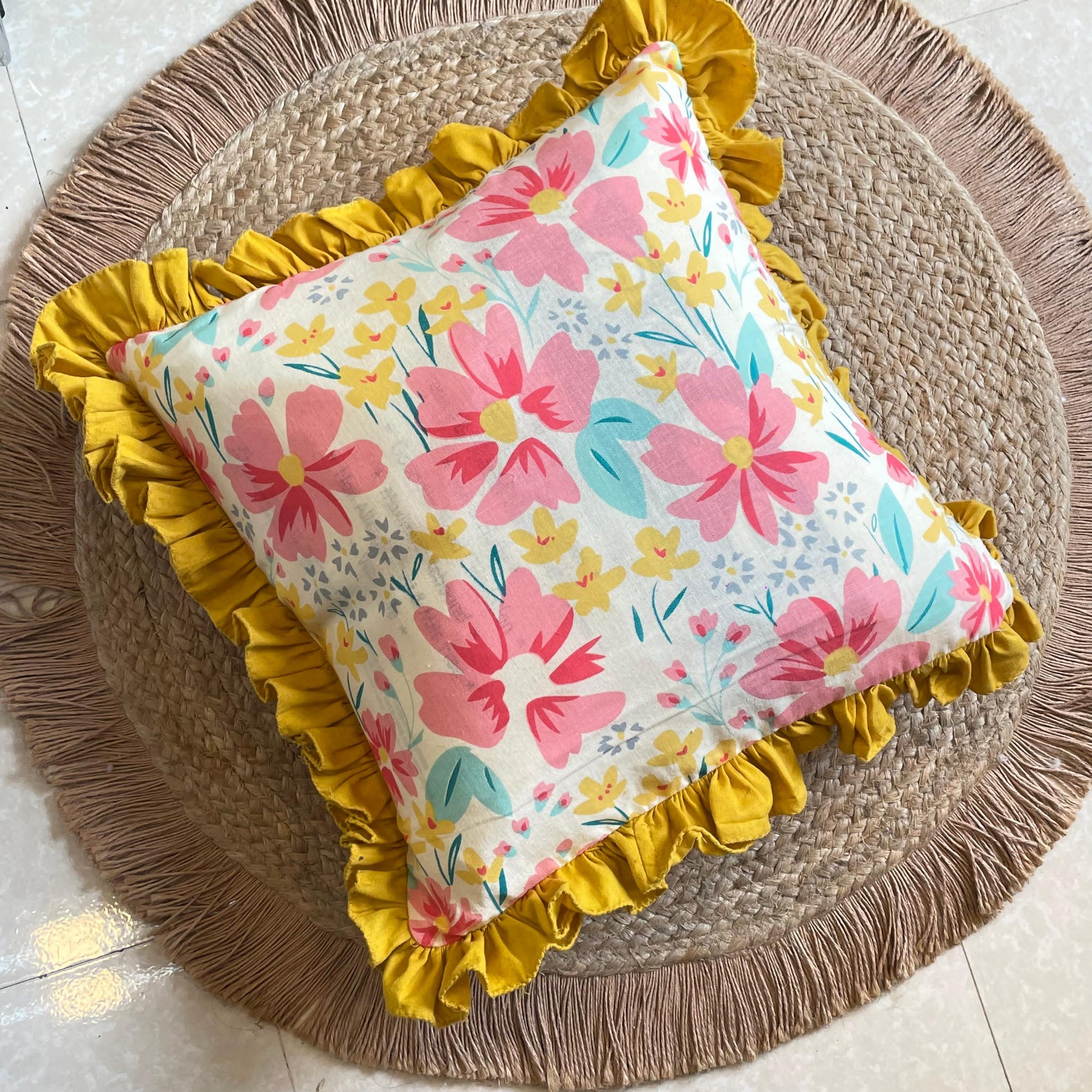 Vintage floral sofa cushion with yellow trim
