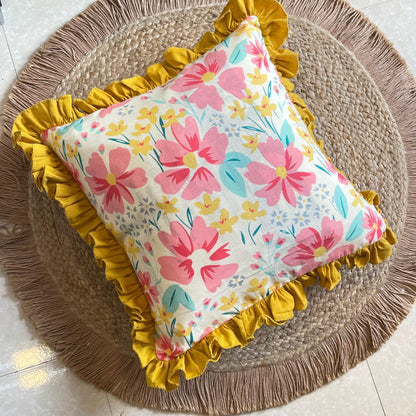 Vintage floral sofa cushion with yellow trim